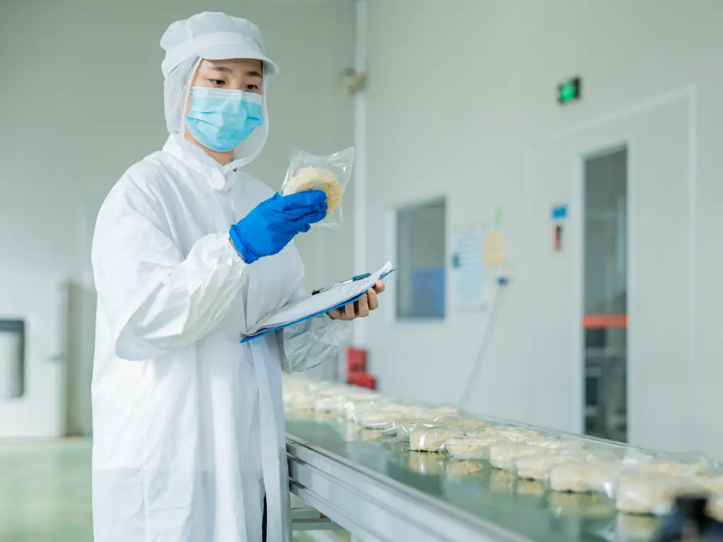 In Kimdee's inner packaging workshop, a worker stands next to the packaging machine to check the packaging process of organic noodles