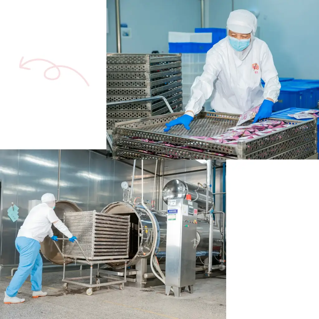 In Kimdee's pre-prepared food workshop, workers are operating a high-temperature steaming machine and pushing trays into the machine.