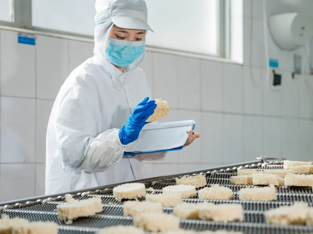 Quality control staff pinch the dough with their hands to distinguish qualified and unqualified dough