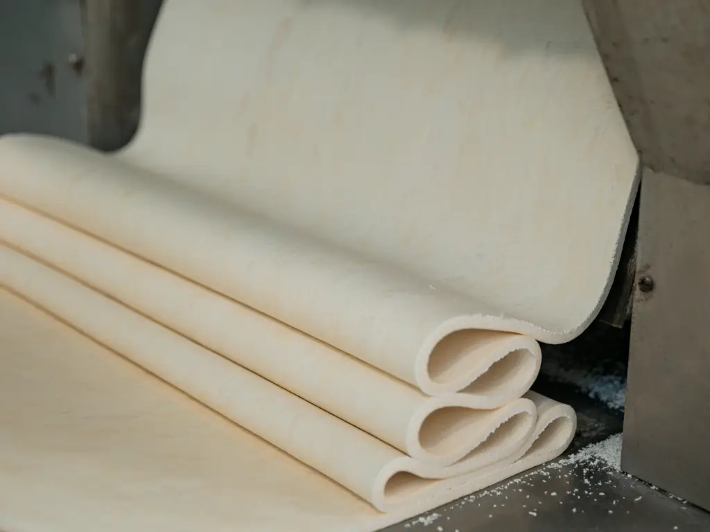 The dough used to make noodles is being rolled into the desired shape